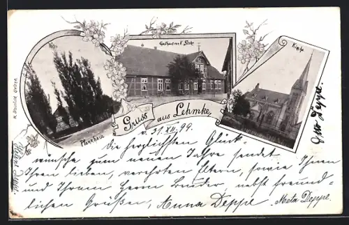 AK Lehmke, Gasthaus von K. Stehr, Pfarrhaus, Kirche