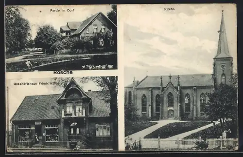 AK Rosche, Geschäftshaus Friedr. Külbs, Kirche, Partie im Dorf
