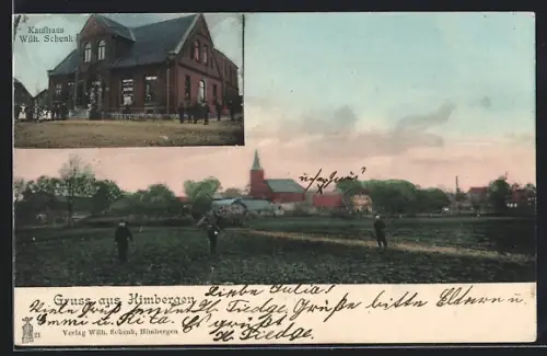 AK Himbergen, Kaufhaus Wilh. Schenk, Ortsansicht mit Kirche
