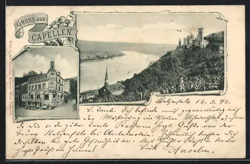 AK Capellen-Stolzenfels, Hotel Lahneck J. Reischlag, Teilansicht mit Fluss und Burg