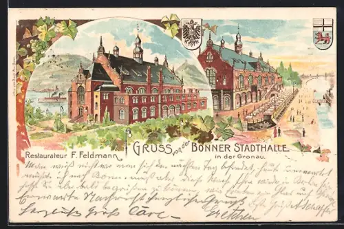 Lithographie Bonn, Gaststätte Bonner Stadthalle in der Gronau, Restaurateur F. Feldmann, Wappen