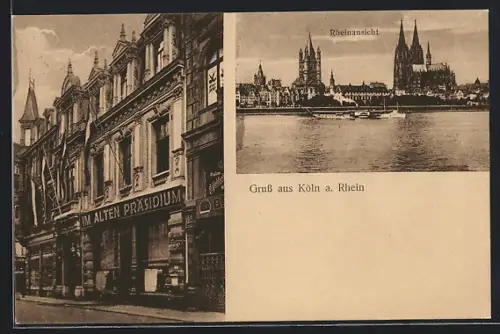 AK Köln a. Rhein, Gasthaus Im alten Präsidium, Rheinansicht mit Dom