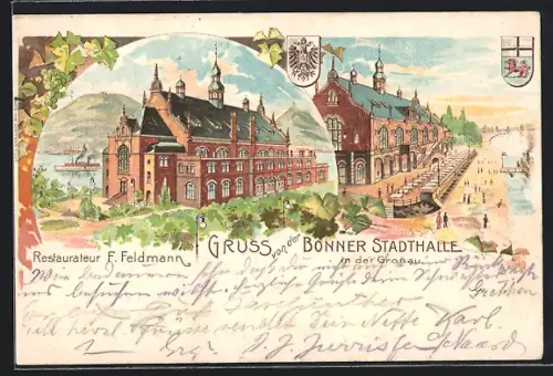 Lithographie Gronau / Bonn, Gasthaus Bonner Stadthalle, Inh. F. Feldmann
