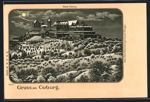 Winter-Lithographie Coburg, Veste Coburg im Mondschein