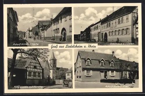 AK Liedolsheim a. Rhein, Strasse, Gasthaus zum Löwen, Alte Linde mit Kirche, Platz