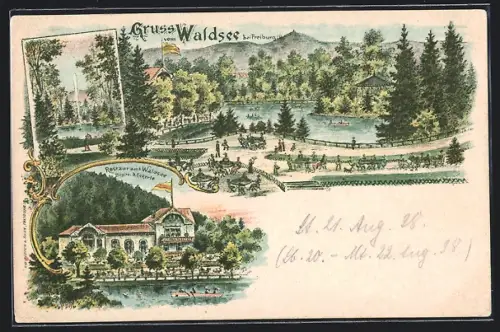 Lithographie Freiburg / Breisgau, Restaurant zum Waldsee D. Eckerle mit Garten und See