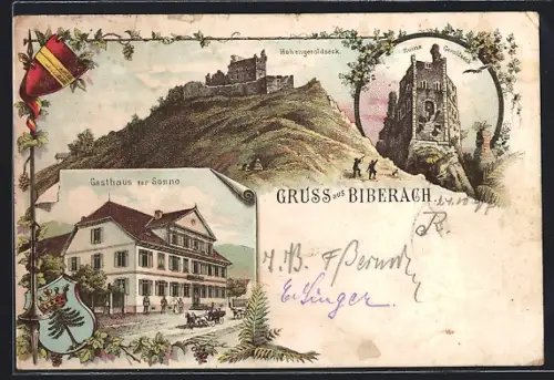 Lithographie Biberach / Baden, Gasthaus zur Sonne und Ruine Hohengerodlseck
