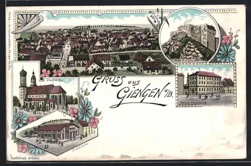 Lithographie Giengen a / B., Stadtkirche, Neues Schulhaus, Fruchthalle