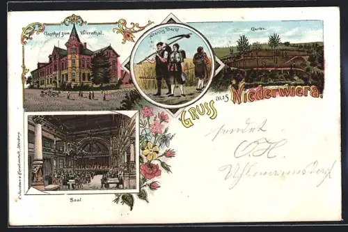Lithographie Niederwiera, Gasthof zum Wierathal mit Garten und Saal, Altenburger Tracht