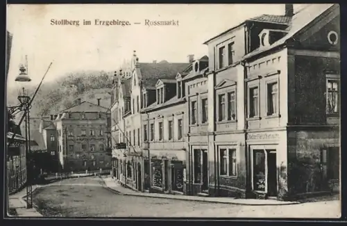 AK Stollberg im Erzgebirge, Rossmarkt mit Geschäft von E. Keller