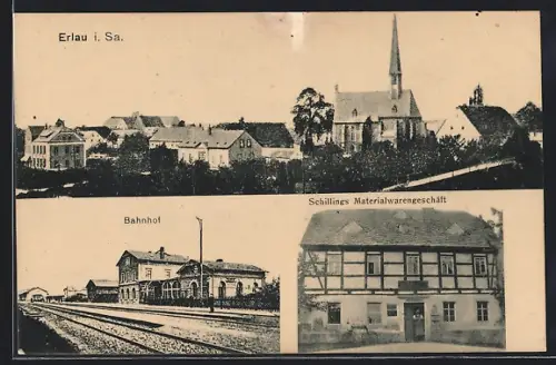 AK Erlau / Sa., Bahnhof, Schillings Materialwarengeschäft
