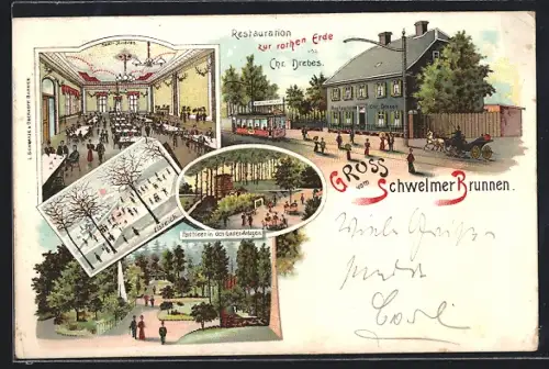 Lithographie Schwelm, Brunnen, Gasthaus zur rothen Erde mit Strassenbahn, Eisteich
