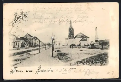 AK Letschin, Markt mit Kirche und Denkmal