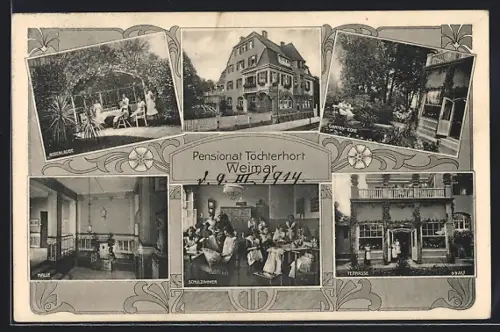 AK Weimar / Thüringen, Pensionat Töchterhort mit Halle, Rosenlaube, Schulzimmer und Terrasse