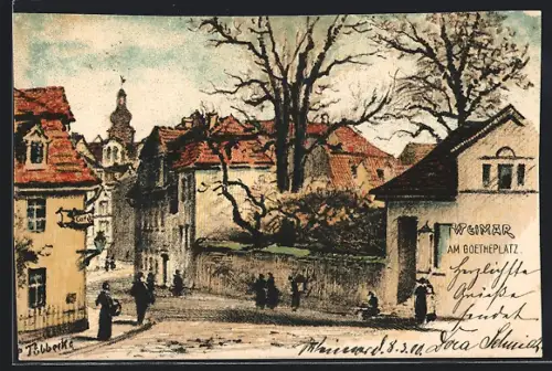 Steindruck-AK Weimar / Thüringen, Strasseneck am Frauenplan und Goethemauer