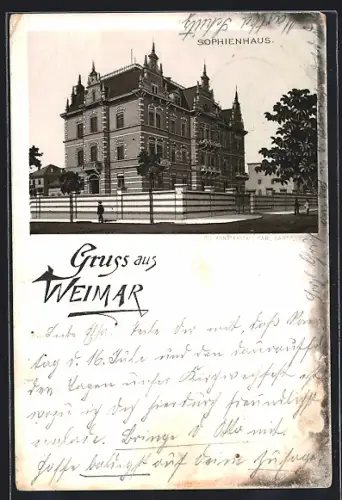 Lithographie Weimar / Thüringen, Blick zum Sophienhaus