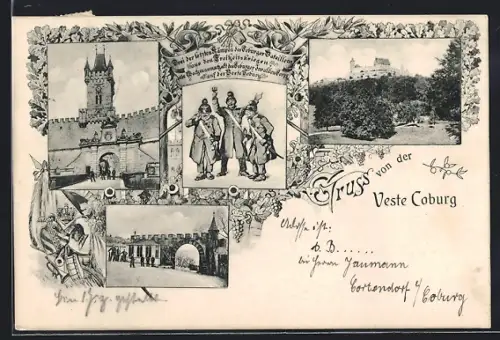 AK Coburg, Veste Coburg mit drei Coburgern, Brücke, Innenhof und Park