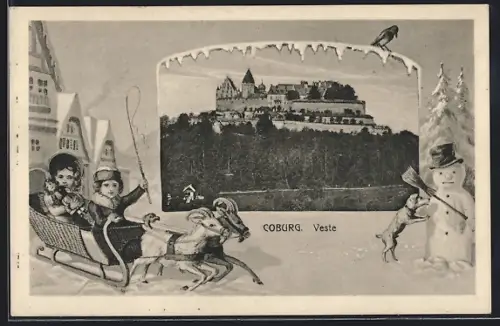 Grusskarten-AK Coburg, Veste im Passepartout mit Schlitten und Schneemann