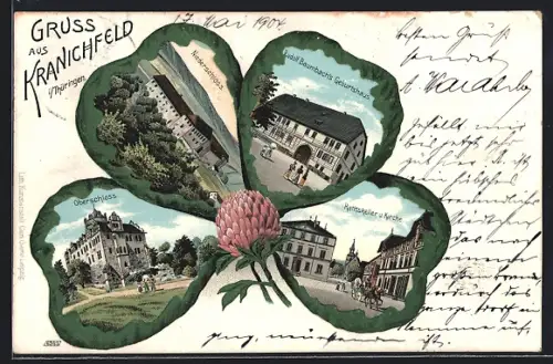 Passepartout-Lithographie Kranichfeld i. Thüringen, Rudolf Baumbach`s Geburtshaus, Oberschloss, Restaurant Ratskeller