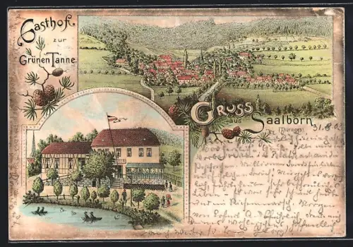 Lithographie Saalborn /Thüringen, Gasthof zur Grünen Tanne und Totalansicht