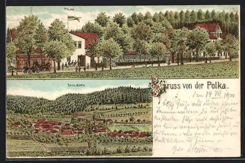 Lithographie Saalborn, In der Polka und Ortsansicht