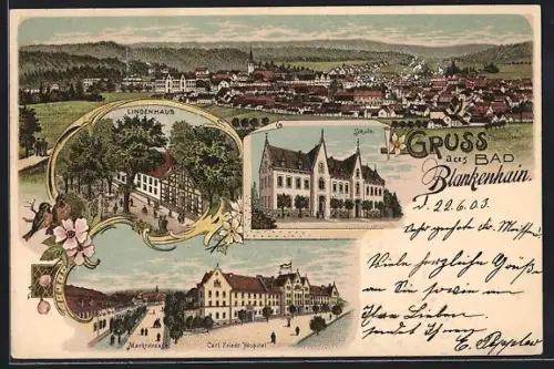 Lithographie Bad Blankenhain, Carl Friedr. Hospital, Lindenhaus, Marktstrasse, Schule, Generalansicht