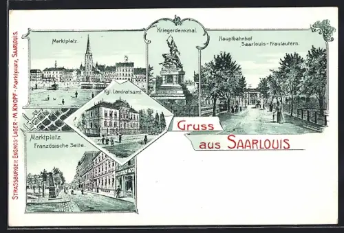 Lithographie Saarlouis, Marktplatz, Kriegerdenkmal, Hauptbahnhof, Marktplatz