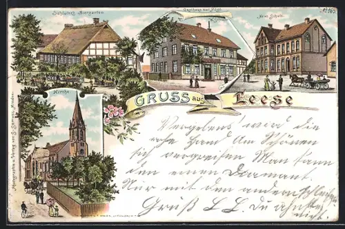 Lithographie Leese, Gasthaus zur Post, Bes. W. Schlüter, Kirche und Schule