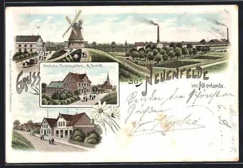 Lithographie Neuenfelde i. Altenlande, Gasthof zum Rosengarten, D. A. Postel`s Geschäftshaus
