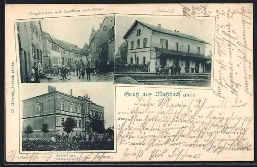 AK Mussbach / Weinstr., Hauptstrasse, Bahnhof, Schulhaus