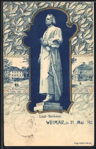 Künstler-Lithographie Weimar / Thüringen, Weihe des Liszt-Denkmals 1902, Altenburg und Liszthaus