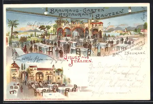 Lithographie Bautzen, Italienisches Restaurant von E. Neumann, Brauhaus-Garten
