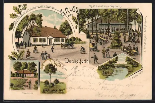 Lithographie Dunkelforth, Gasthof zur Stadt Genthin, Inh. Wilh. Hübener, Christoph-Eiche, Försterei und Wasserfall