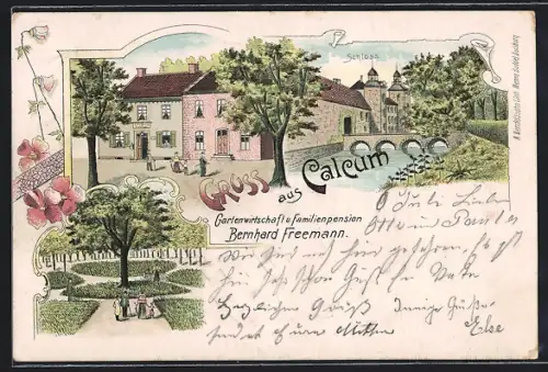 Lithographie Calcum, Restaurant und Pension von Bernhard Freemann, Schloss und Park