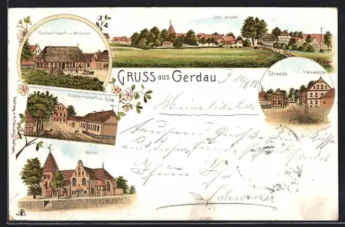 Lithographie Gerdau, Gasthaus von Wellmann, Gasthaus von Knop, Strassenpartie und Kirche
