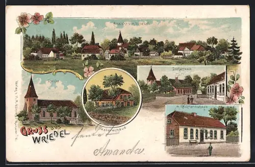 Lithographie Wriedel, Kaufmannshaus, Dorfstrasse, Pastorenhaus, Kirche und Ortsansicht