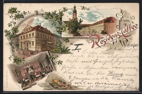 Vorläufer-Lithographie Weimar / Thüringen, 1895, Residenz-Cafe von R. Kämpf, Innenansicht