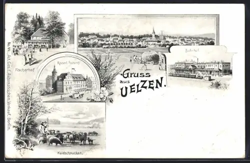 Lithographie Uelzen, Haidschnucken, Kaiserl. Postamt, Fischerhof, Bahnhof