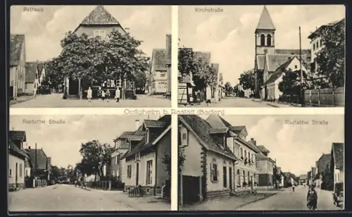 AK Oetigheim b. Rastatt, Rastatter Strasse, Kirchstrasse, Rathaus