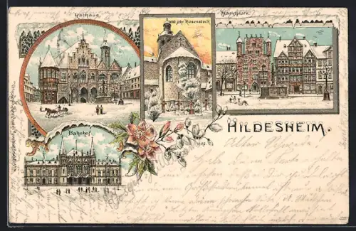 Winter-Lithographie Hildesheim, Bahnhof, Rathaus, 100jähr. Rosenstock