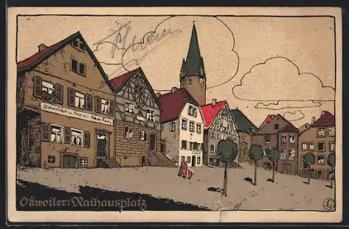 Steindruck-AK Ottweiler, Rathausplatz