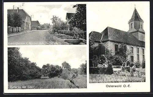 AK Osterwald / Garbsen, Geschäftshaus E. Mühlenbrink in der Dorfstrasse, Kirche mit Kriegerdenkmal