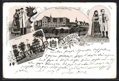 Lithographie Stadthagen, Fürstliches Schloss, Bahnhof, Paare in Trachten