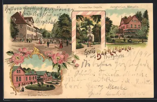 Lithographie Bad Rehburg, Bremer Heilstätte, Badehäuser und Promenade, Friederiken Capelle, Sanatorium Michaelis