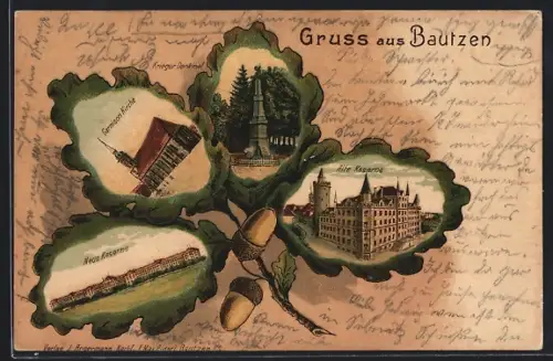Passepartout-Lithographie Bautzen, Neue Kaserne, Garnison-Kirche und Krieger-Denkmal im Eichenblatt
