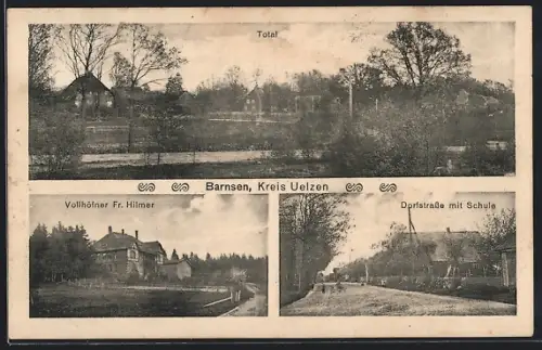 AK Barnsen, Totale des Ortes, Haus v. Vollhöfner F. Hilmer, Dorfstrasse mit Schule