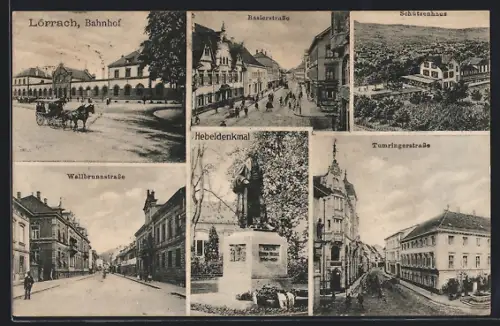 AK Lörrach, Bahnhof, Wallbrunnstrasse, Tumringerstrasse, Baslerstrasse, Hebeldenkmal