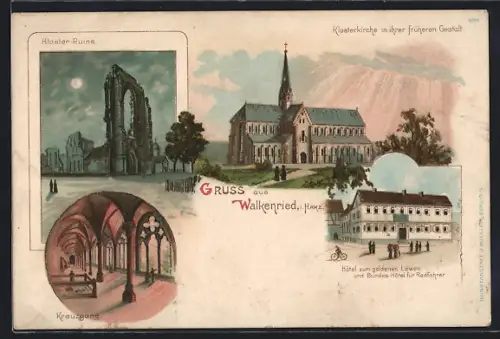 Lithographie Walkenried, Hotel zum goldenen Löwen, Klosterruine, Klosterkirche in früherer Gestalt