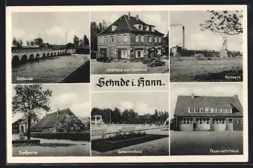AK Sehnde, Gasthaus zum Bahnhof, Feuerwehrhaus, Kaliwerk
