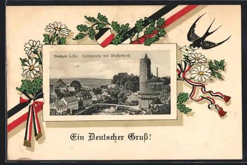AK Bautzen i. Sa., Spreepartie mit Wasserkunft